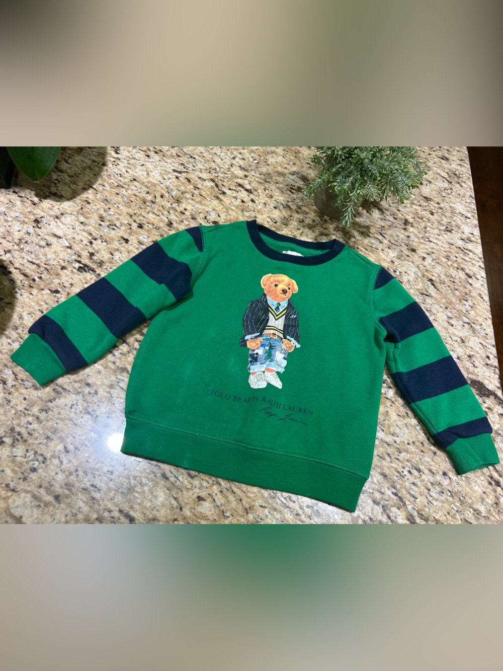 Ralph Lauren Green Casual Polo Bear w/ Stripe Sleeves Crewneck Sweatshirt 24M